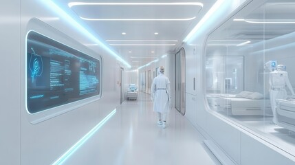 futuristic hospital corridor with sleek white surfaces subtle blue led lighting and transparent smart displays robot nurses glide silently past hightech patient rooms