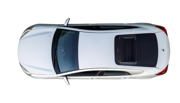 Aerial view of a sleek white car with a sunroof, displaying its elegant design and modern features, isolated on a white background.