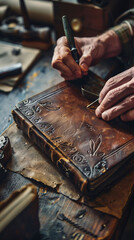 Bookbinder restoring an antique book