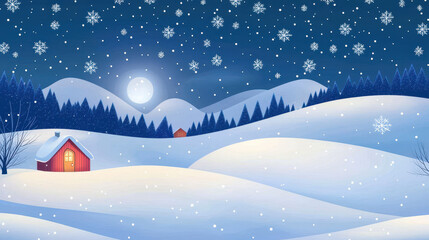 Serene winter landscape with snow-covered hills, a cozy red cabin, and a bright moon illuminating the night sky