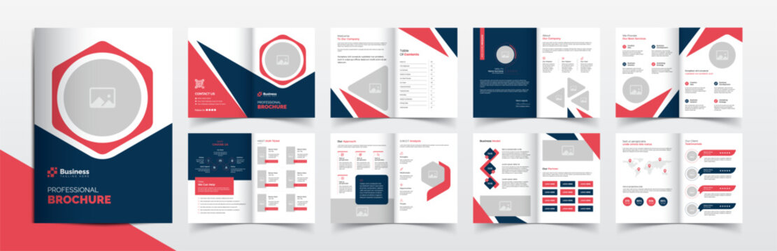 Creative corporate company business brochure template layout design, 16 pages brochure design with red and blue color accents, Simple and clean company profile brochure template design