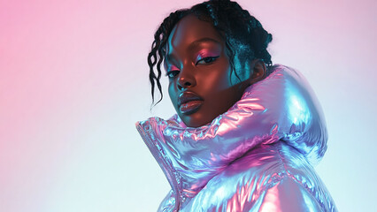 Beautiful young black woman wearing fashionable winter puffer jacket