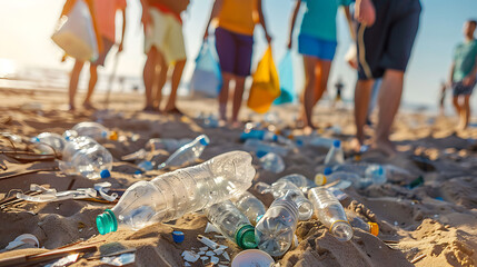 A group of volunteers cleaning up trash on the beach