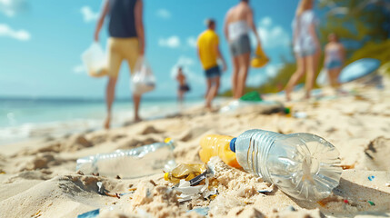 A group of volunteers cleaning up trash on the beach