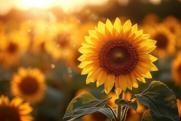 Fototapeta premium Golden Sunflower Field Basking in Warm Sunset Light