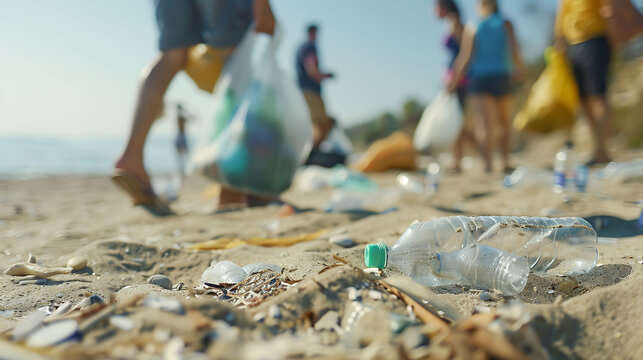 Beach cleanup crew picking up litter along the shore