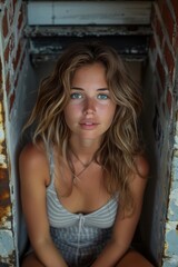 Naklejka premium A young woman with wavy hair and striking blue eyes sits in a narrow, rustic brick stairway, wearing a striped top that complements her natural look