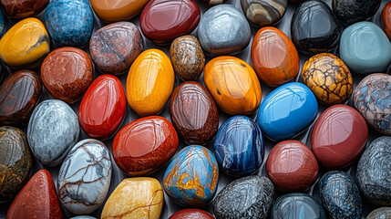Naklejka premium A vibrant collection of polished stones, showcasing a variety of colors and textures, perfect for artistic and natural decor.