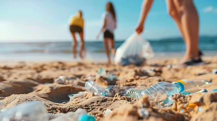 Beach cleanup crew picking up litter along the shore