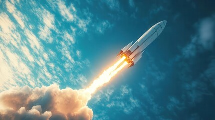 futuristic rocket soaring through wispy clouds sleek design with gleaming metallic surface vibrant blue sky backdrop dynamic upward angle symbolizing innovation and progress