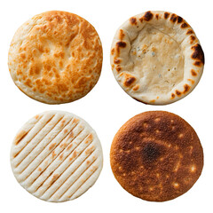 Bread bun slice sets. English Muffin, Crumpet griddle, Pita Pita, Tortilla flatbread PNG, Transparent  background