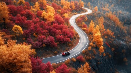 futuristic selfdriving car gliding along winding mountain road surrounded by vibrant autumn trees in shades of red orange and gold