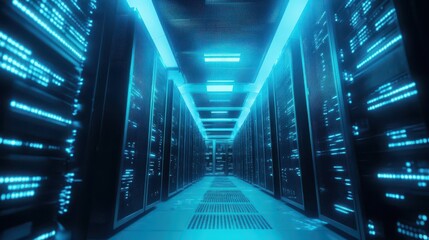 futuristic server room bathed in blue light rows of sleek black servers with blinking lights connected by a maze of neatly organized fiber optic cables