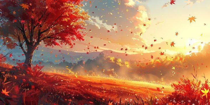A stunning autumn fantasy landscape with golden and red maple leaves gently falling in the breeze. Story novels, animation, seasonal festival poster marketing,AI-generated. 4k wallpaper.