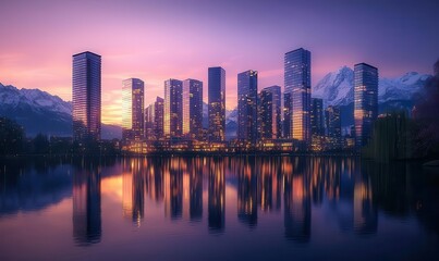 Fototapeta premium Serene twilight cityscape with vibrant skyline reflected in calm waters