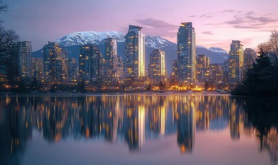 Twilight Cityscape with Mountain Backdrop and Reflective Lake