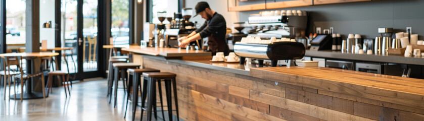 Charming cafe interior featuring rustic decor, wooden tables, and a skilled barista preparing coffee. A cozy atmosphere perfect for enjoying a warm drink while basking in quaint ambiance of this cafe.
