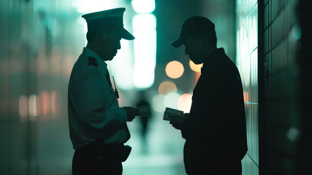 A police officer discreetly accepting a bribe in a shadowy alleyway. Corruption in law enforcement and the unethical behavior that undermines justice, authority, and public trust in the legal system.