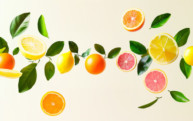 Obraz premium A colorful assortment of citrus fruits, including oranges, lemons, and grapefruits, with leaves scattered throughout.