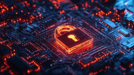 futuristic visualization of cybersecurity concept digital lock icon integrated into glowing circuit board pattern conveying data protection in the digital age