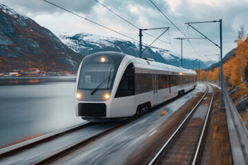 Fototapeta premium Futuristic Eco-Travel. Sleek Electric Train Speeds Through Picturesque Landscape, Showcasing Renewable Energy-Powered Public Transport for Sustainable Urban Mobility.