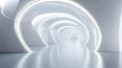 futuristic white corridor with glowing neon accents sleek minimalist design with curved walls and reflective surfaces scifi atmosphere with cool ethereal lighting