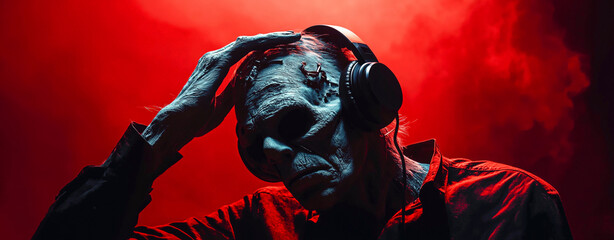 A dark and creepy Frankenstein's monster, wearing headphones, clutches his head in pain against a backdrop of red lighting.