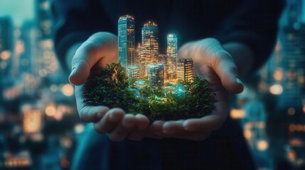 Obraz premium gaialike figure cradling miniature ecosystem in palms bioluminescent energy flowing from hands nurturing futuristic sustainable cityscape