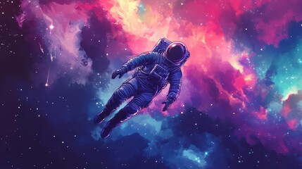 galactic astronaut floating in outer space with colorful nebula cosmic exploration adventure illustration