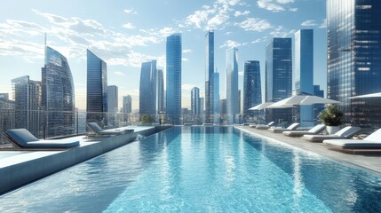 Naklejka premium A rooftop infinity pool with a view of a modern cityscape.