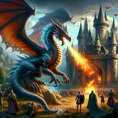 Majestic dragon breathes fire near a castle surrounded by armored figures