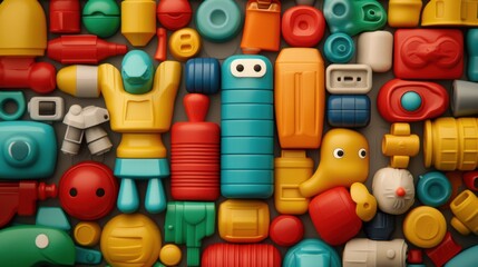 3D illustration of plastic toys grouped together showcasing different textures and designs