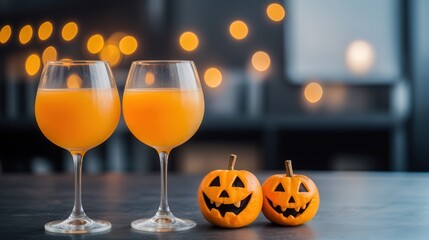 Two glasses of orange drink beside small carved pumpkins, creating a festive Halloween atmosphere with warm, glowing lights in the background.