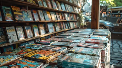 A vivid and nostalgic outdoor bookstore showcasing an elaborate array of numerous colorful and diverse vintage comic books and graphic novels on display