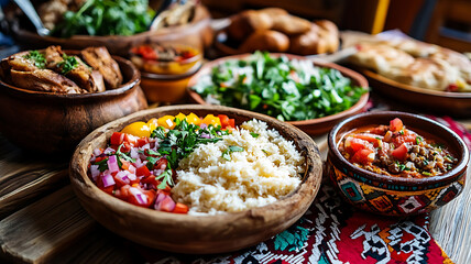 A close-up of traditional Ukrainian dishes on a wooden table, showcasing colorful ingredients and cultural richness, representing the culinary heritage of Ukraine. 