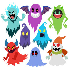 Fototapeta premium The image shows a cute, seamless Halloween pattern featuring cartoon ghosts, owls, cats, and other funny animals, perfect for kids and holiday designs