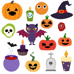 A Halloween-themed vector icon set featuring pumpkins, bats, ghosts, witches, spiders, and other spooky symbols in a fun cartoon style, perfect for autumn celebrations