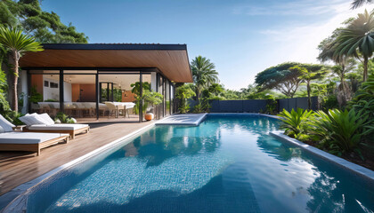 Fototapeta premium Modern house with pool under clear sky