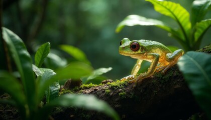 Close up of a green frog sitting on a branch in a lush rainforest