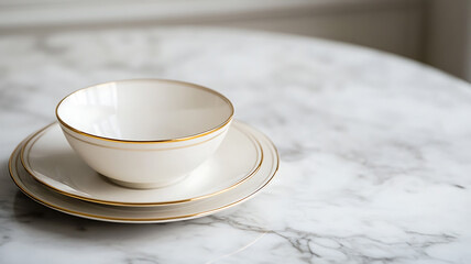 A minimalistic display of a bone china bowl and plate with subtle gold trim, placed on a marble countertop, highlighting the refined and timeless beauty of classic tableware.