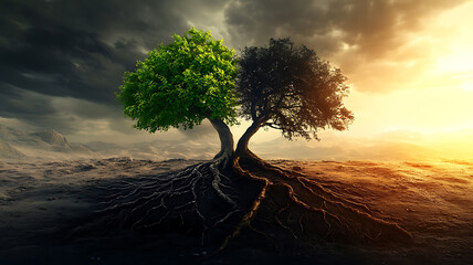 A split image of two trees: one vibrant and full of life with green leaves, the other dark and withered, with intertwining roots, symbolizing the contrast between good and evil in a single landscape.