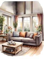 Fototapeta premium Watercolor Cozy Living Room House