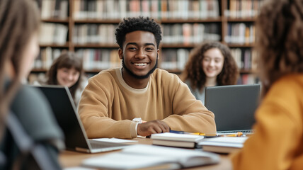 A group of diverse students sit around a table engaged in study and discussion. Laptops, notebooks, and textbooks are laid out, and students smile and collaborate in the bright, modern study space. 