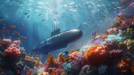 Fototapeta premium Submarine enveloped in moss beneath the waves