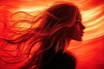 Dramatic Silhouette of Woman with Flowing Hair in Fiery Red Background