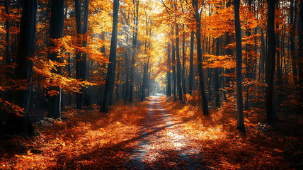 Obraz premium A bright forest path covered with gold, orange and red autumn leaves. Tall trees with bright foliage create a natural canopy. The scene reminds us of the beauty of the autumn season. 