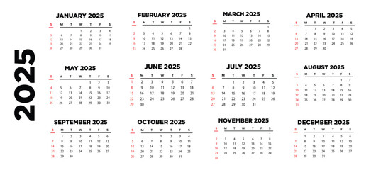 Calendar 2025, Calendar 2025 Start from Sunday Design Template.