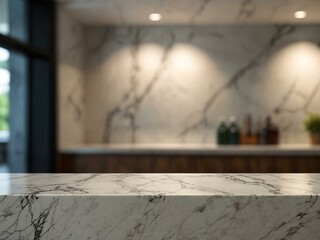 Empty marble counter, featuring blurred background for versatility.