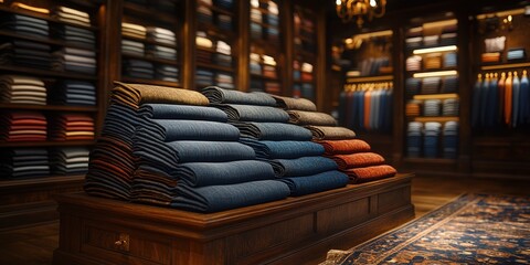 A high-end clothing store interior showcasing meticulously stacked colorful sweaters on wooden furniture with shelves filled with assorted apparel in the background