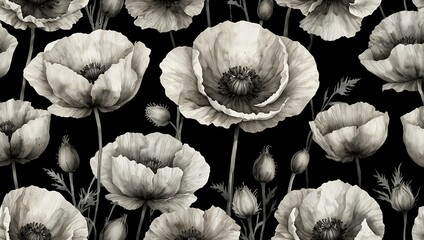 Ethereal watercolor poppies in monochrome, elegant illustration.